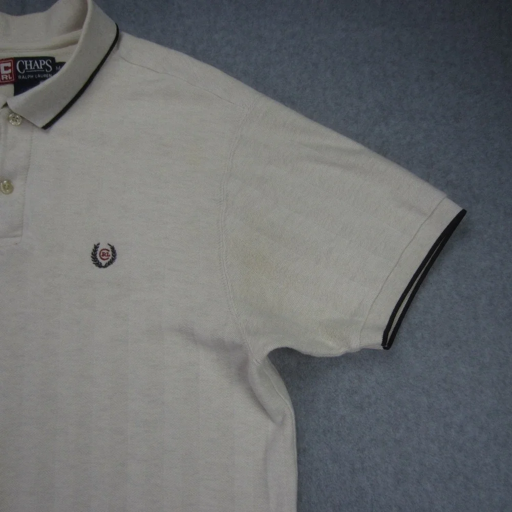 Vtg Chaps Ralph Lauren Polo Shirt Mens Medium Cream Short Sleeve‎ Textured Golf - Picture 4 of 14